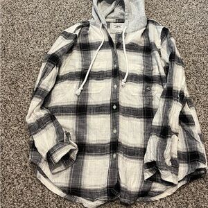 AE- Mens Black and White Plaid Hooded Shirt- medium